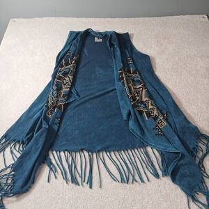 USA Vocal Southwestern Long Cardigan Womens Med Turquoise Rhinestone Boho Aztec